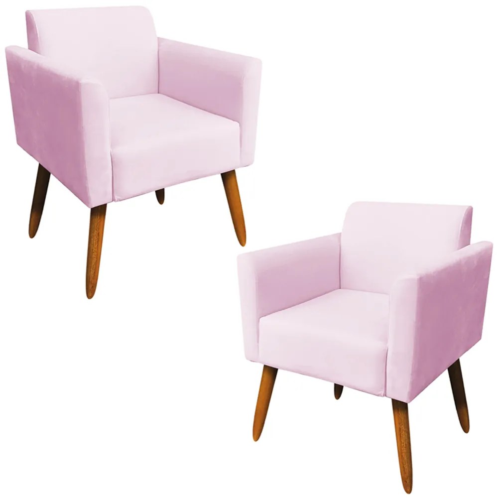 Kit 02 Poltronas Decorativas Isabella Pés Palito Madeira Suede Rosa Bebê G19 - Gran Belo
