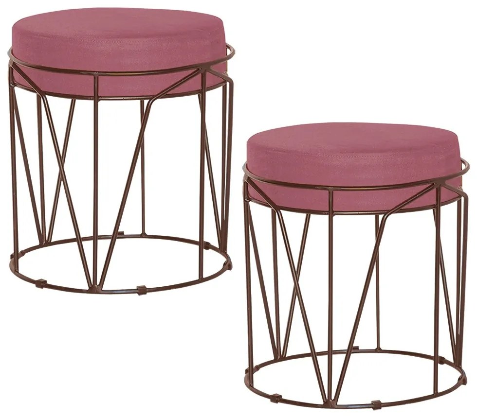 Kit 2 Puffs Decorativo Sala de Estar Base Bronze Chloe Suede Rosa G41 - Gran Belo