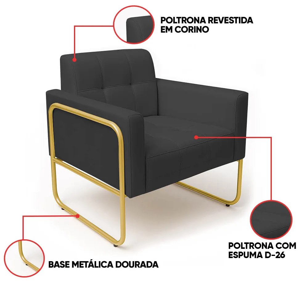 Poltrona Sala Industrial Alta Tubo Dourado Elisa Sintético D03 - D'Rossi - Grafite