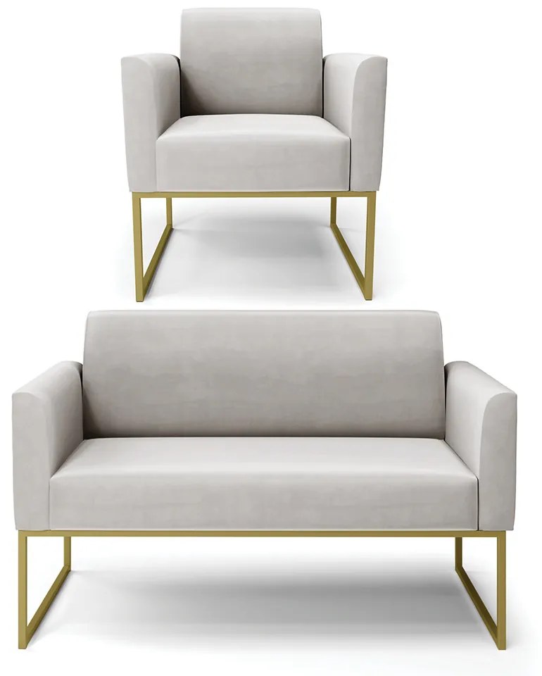 Sofá Namoradeira com Poltrona Base Industrial Dourado Marisa Veludo D03 - DRossi - Cinza