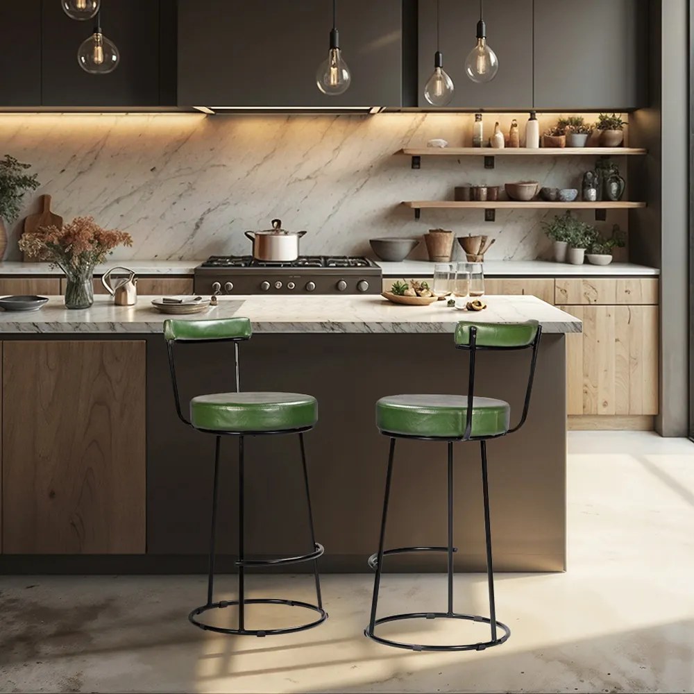 Banqueta Alta Cozinha 70cm Encosto Industrial Aço Kit 2 Ziria Pu S02 - D'Rossi - Verde