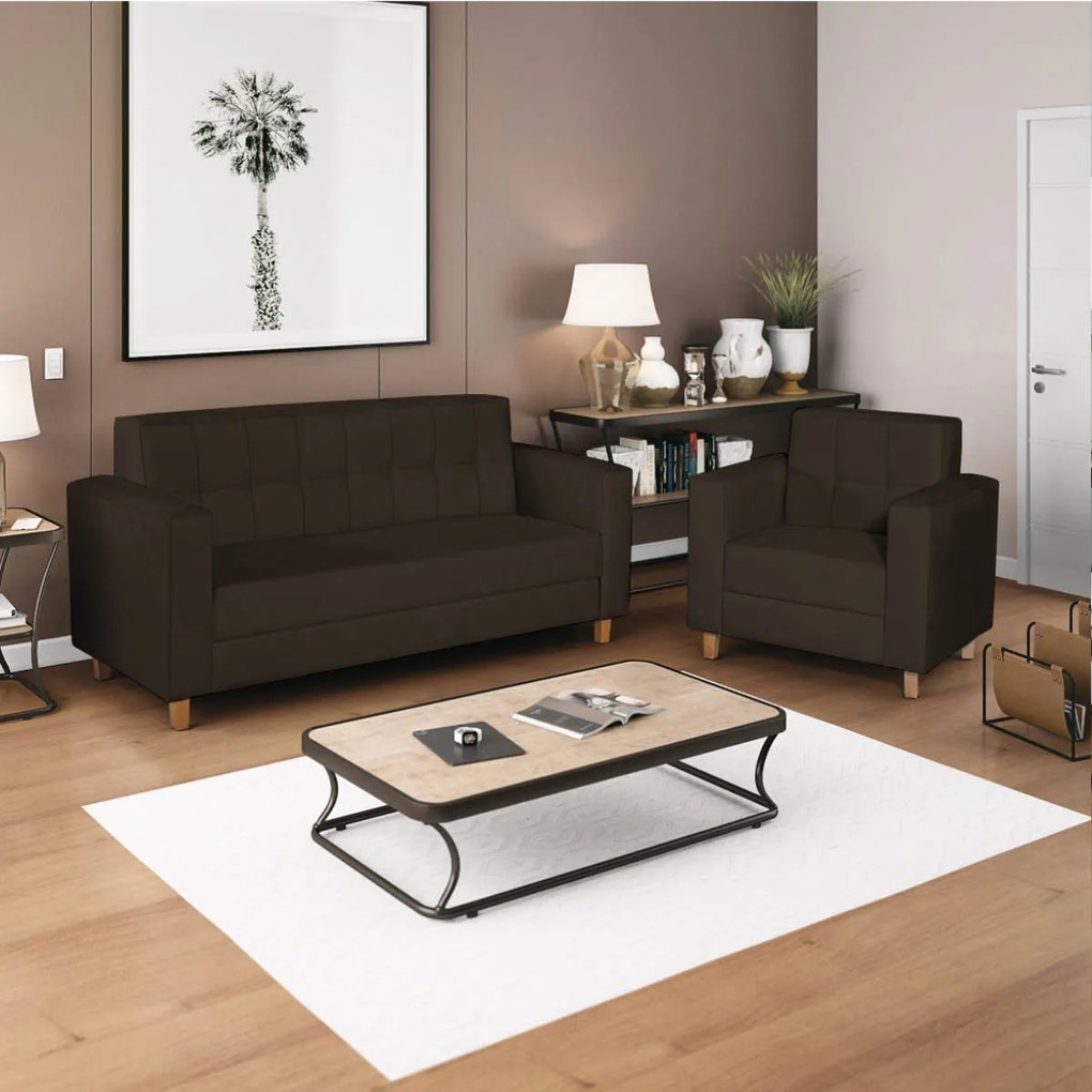 Kit Sofá 2 Lugares e Poltrona Denver Corano Marrom - ADJ Decor