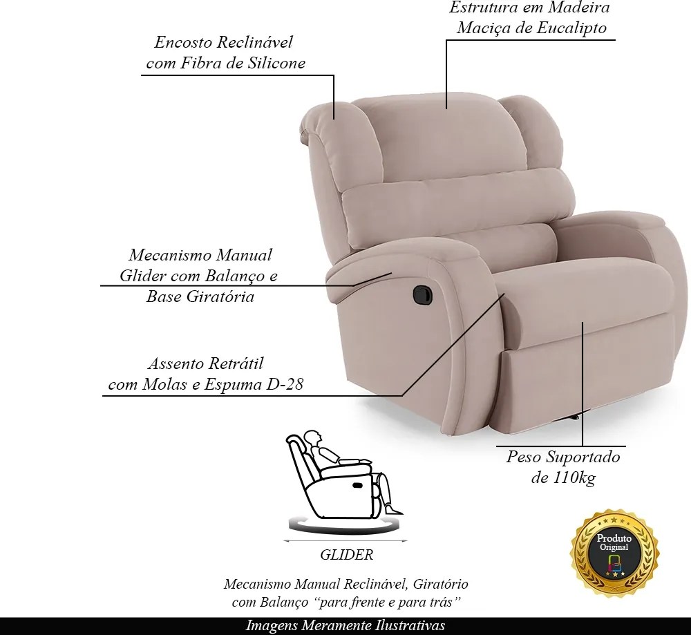 Poltrona do Papai Sala de Cinema Reclinável Kylie Glider Manual Giratória Veludo Rosê G23