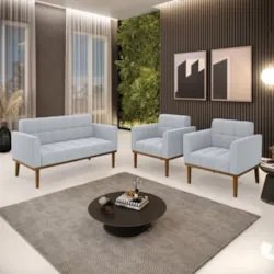 Namoradeira e 2 Poltronas Base Madeira Castanho Ana Bouclé Cinza - Ibi