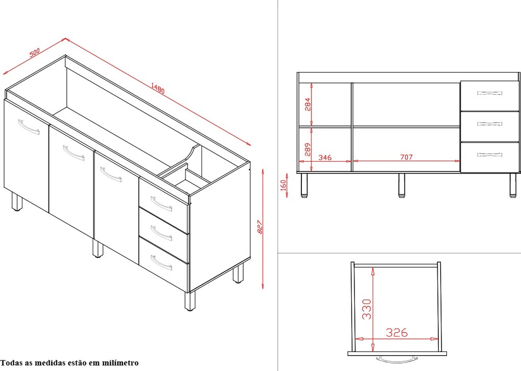 Balcão Vinca 3 Portas 3 Gavetas Cozinha MB1 150cm