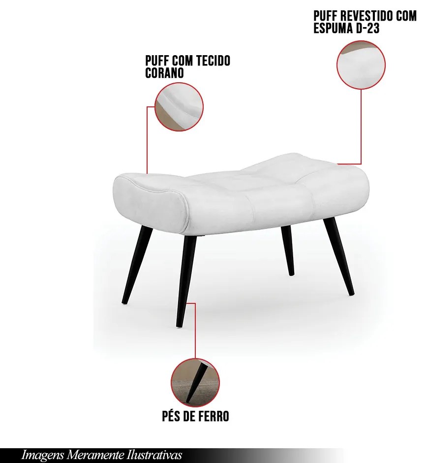 Puff Decorativo Sala de Estar Pés Palito Letty PU Branco G19 - Gran Belo