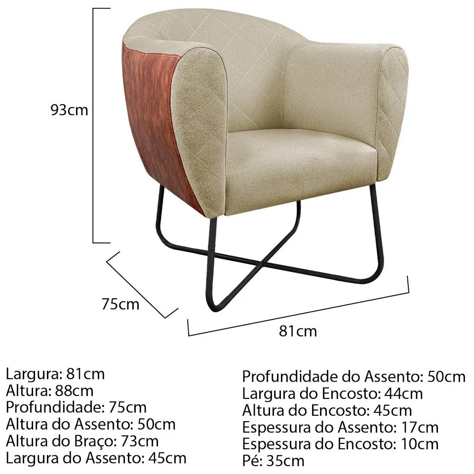 Poltrona Grazi Base X Preta Sintético Nozes Linho - ADJ Decor