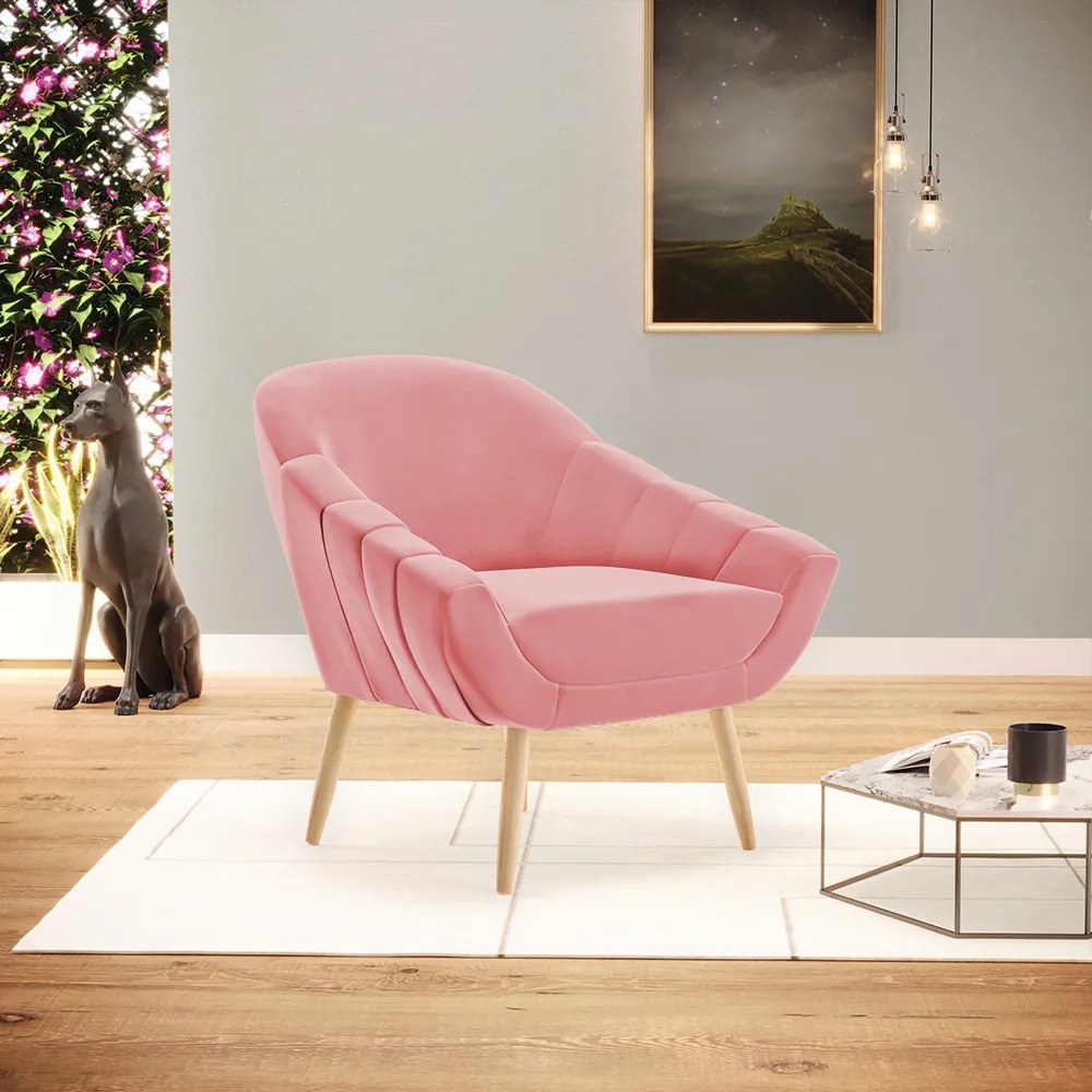 Poltrona Giovana Suede Rosê Pés Palito Natural - Indo Decorar