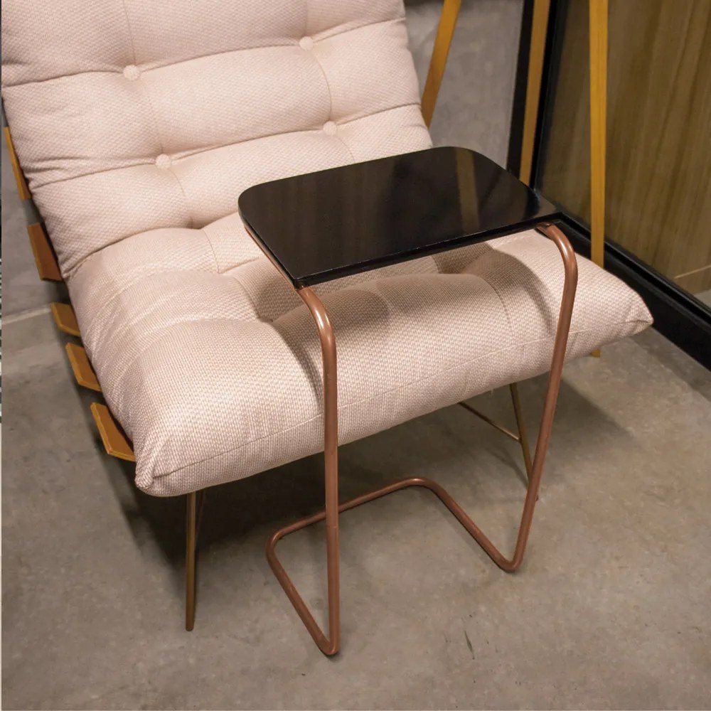 Mesa Lateral Tampo Multiuso Para Sofá Base Bronze - D'Rossi - Preto