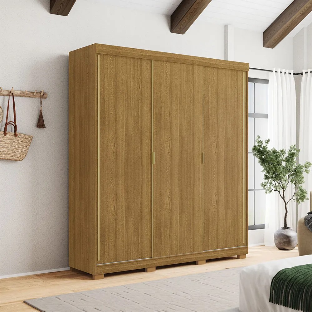 Guarda Roupa Casal Heros 3 Portas de Correr Dupla Face com Gavetas MDF Nature/Chumbo G98 - Gran Belo
