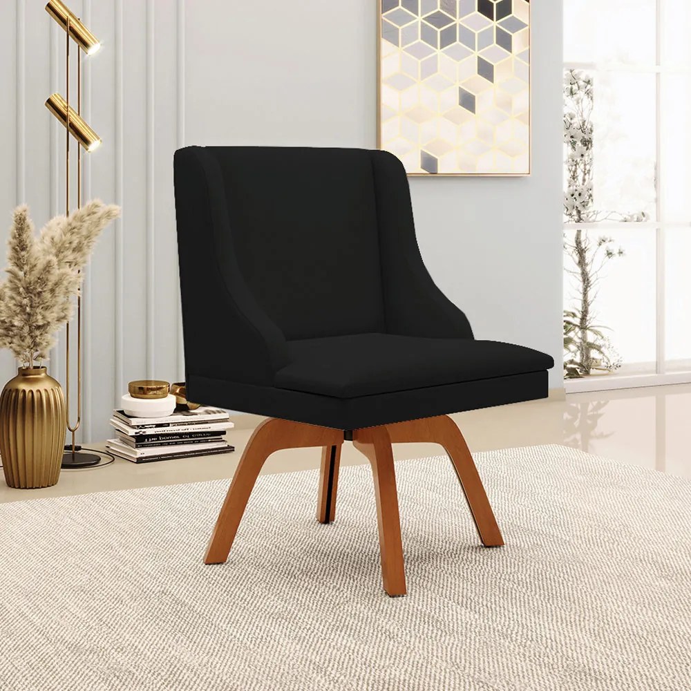 Kit 4 Cadeiras Decorativas Sala de Jantar Base Giratória de Madeira Firenze Linho Preto/Natural G19 - Gran Belo