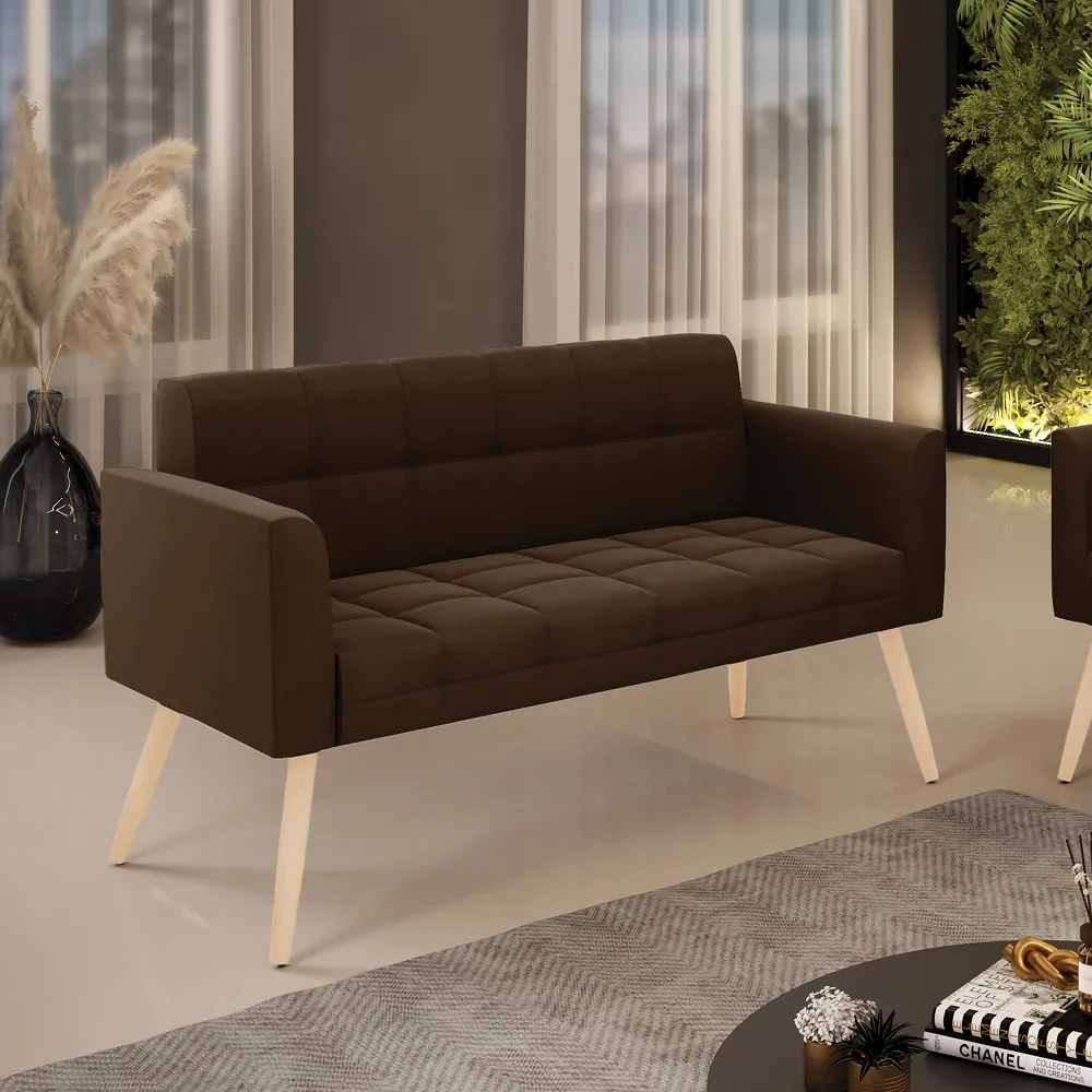 Sofá Namoradeira Elisa Suede Pés Palito Natural - D'Rossi - Marrom