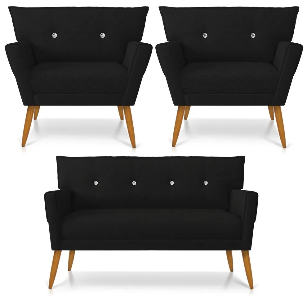 Kit 01 Namoradeira 02 Lugares e 02 Poltronas Anitta com Strass Linho Preto A79 Pés Palito Castanho - DRossi