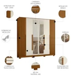 Guarda Roupa Casal 237cm com Espelho Vinna A02 Off/Cinamomo - Mpozenat