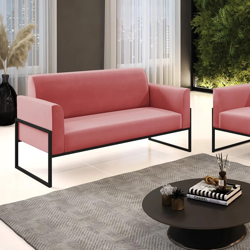 Sofá Namoradeira Base Industrial Alta Preto Marisa Suede D03 - D'Rossi - Rose