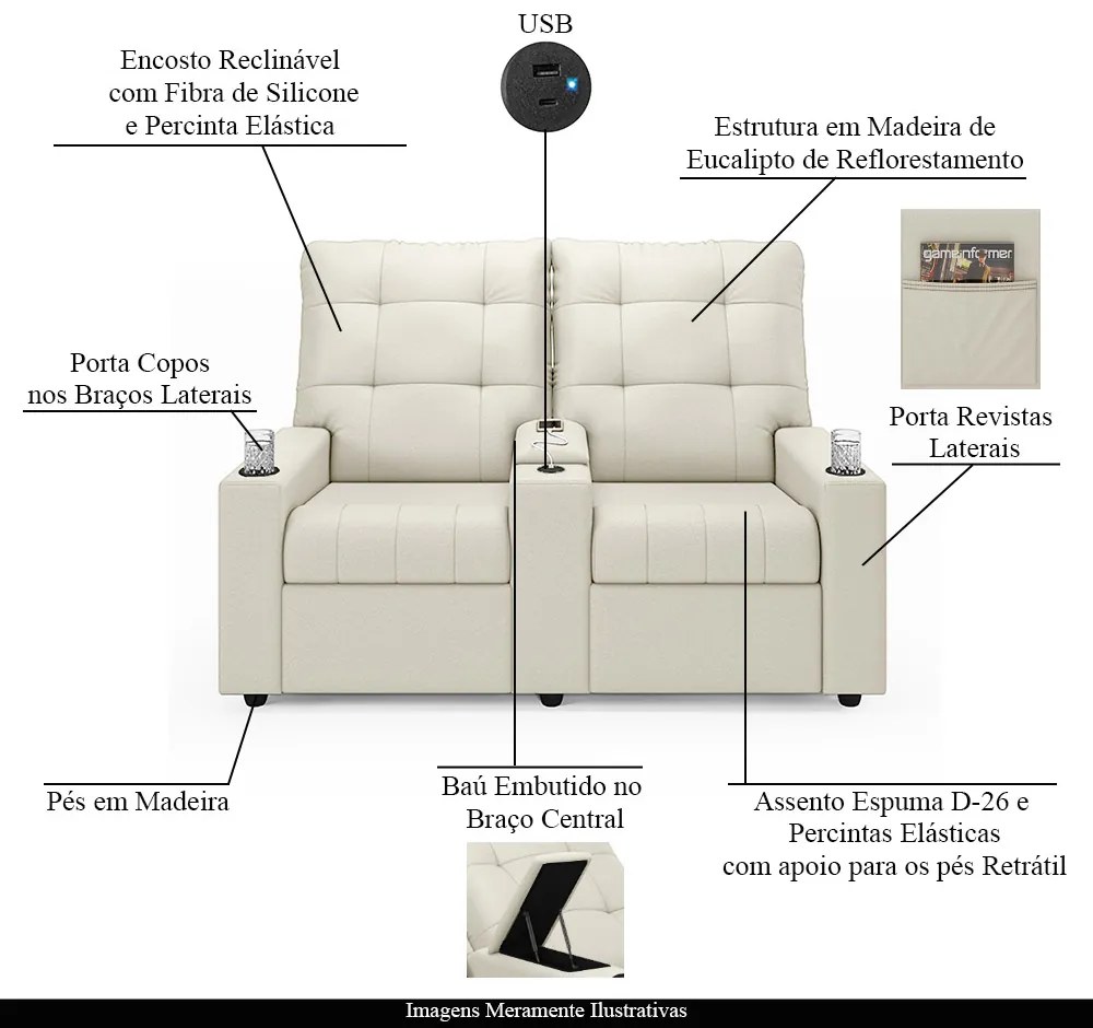 Poltrona do Papai Reclinável Sala de Cinema Movie 2 Lugares Manual Baú USB Veludo Bege G23