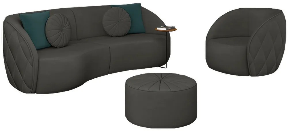 Conjunto Decorativo Sofá 240cn e Poltrona Clarke com Puff Round Veludo Cinza G45 - Gran Belo