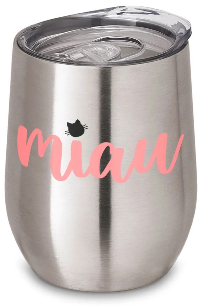 Copo Inox Corpo Duplo 400 ml Fosco Gatinha Miau - Cromado