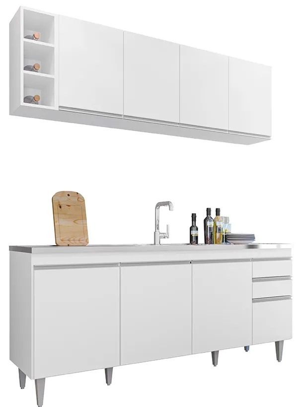 Conjunto Balcão de Cozinha para Pia Apex Armário Aéreo MDP/BP Branco G96 - Gran Belo
