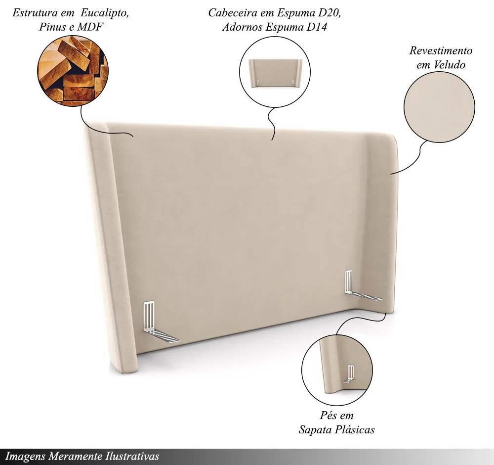 Cabeceira Design para Cama de Casal Torres Pés em Madeira Veludo Bege G91 - Gran Belo