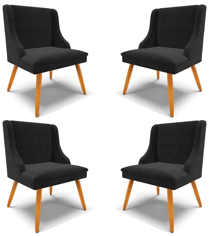 Kit 4 Cadeiras Decorativas Sala de Jantar Pés Palito de Madeira Firenze Suede Preto/Natural G19 - Gran Belo