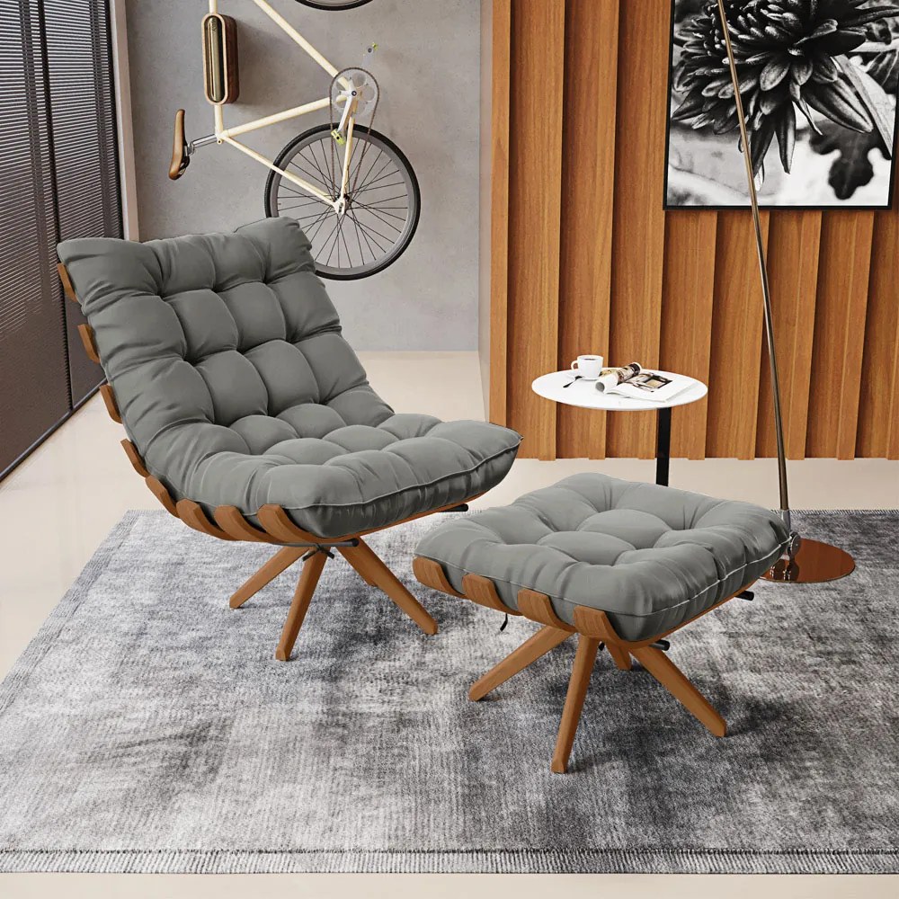 Poltrona com Puff Giratório Costela Suede Grafite Base de Madeira MA30 M11 - D'Rossi