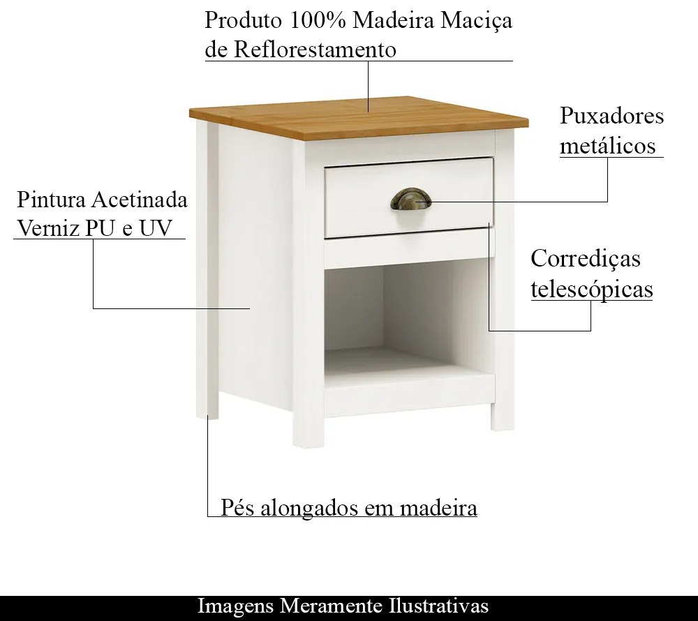 Mesa De Cabeceira Decorativa Alina Madeira 1 Gaveta Branca/Carvalho G74 - Gran Belo