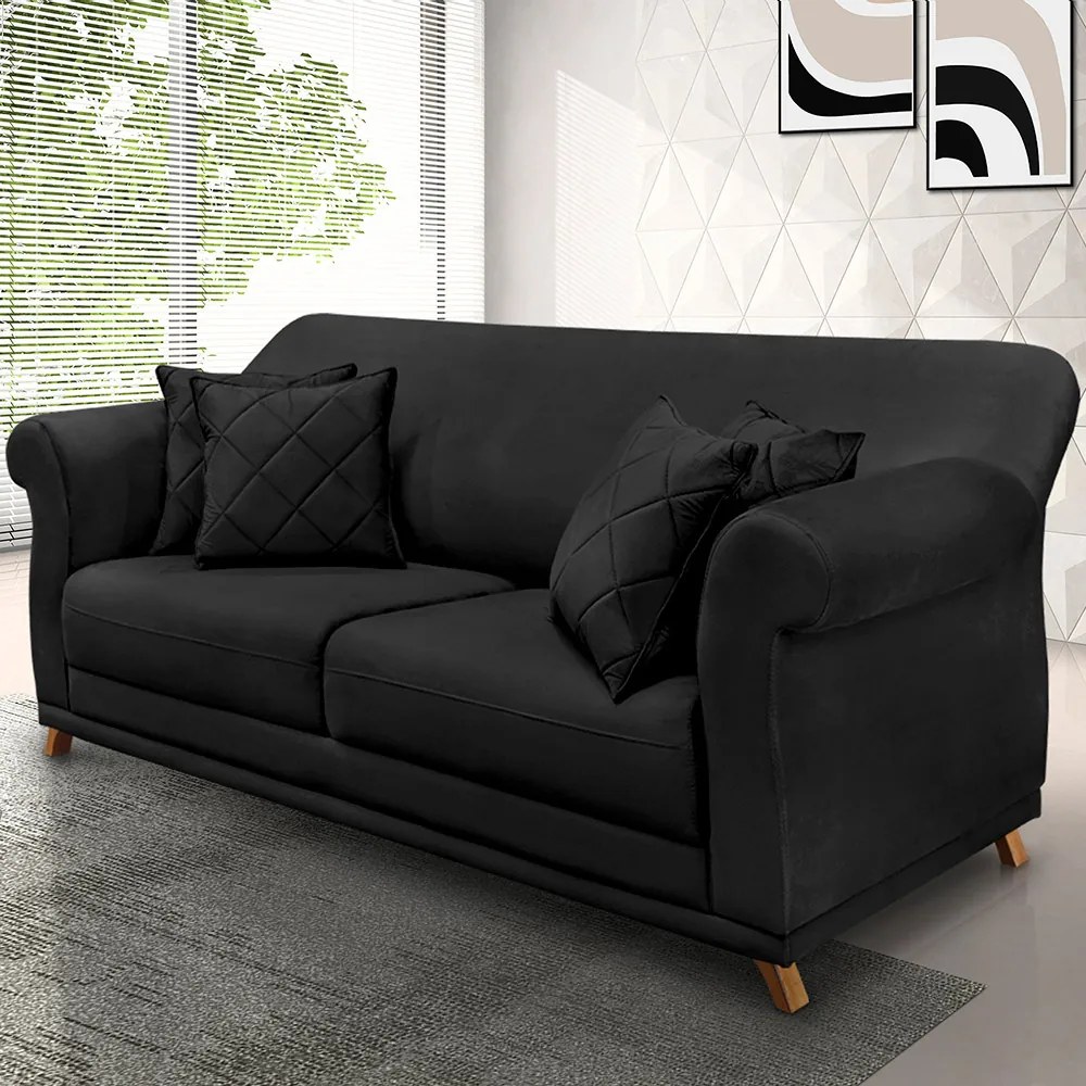Sofá 3 Lugares Pé de Madeira Julieta 220 cm Veludo S04 - D'Rossi - Preto