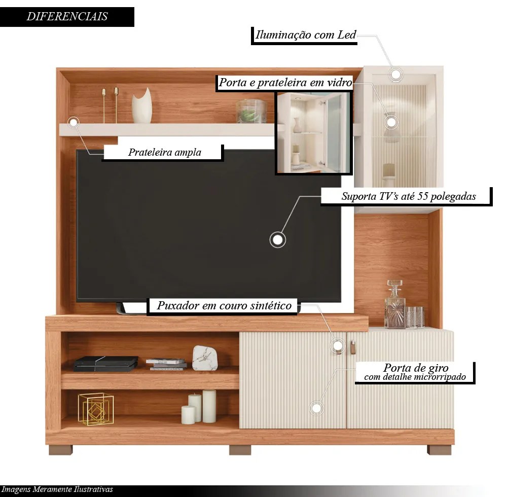 Home Theater Alvorada TV até 55 com LED Freijó/Off White G11 - Gran Belo