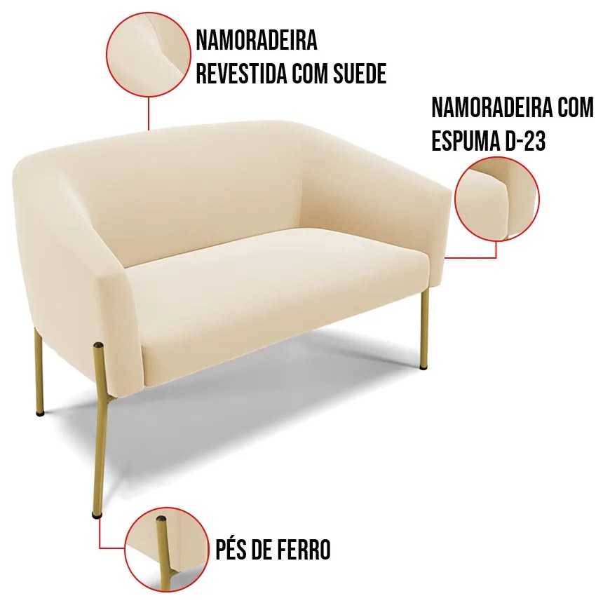 Sofá 2 Lugares Namoradeira Pé de Ferro Dourado Stella Suede Bege D03 - D'Rossi