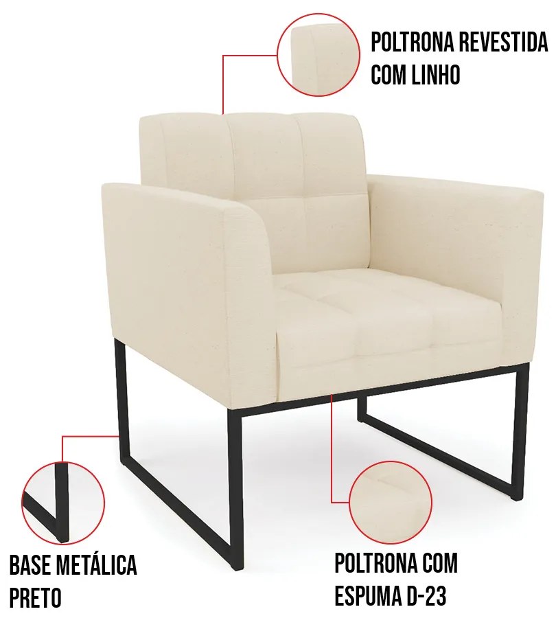 Kit 1 Sofá Namoradeira e 2 Poltronas Elisa Linho Base Metálica Industrial Preto D03 - D'Rossi - A19 Bege