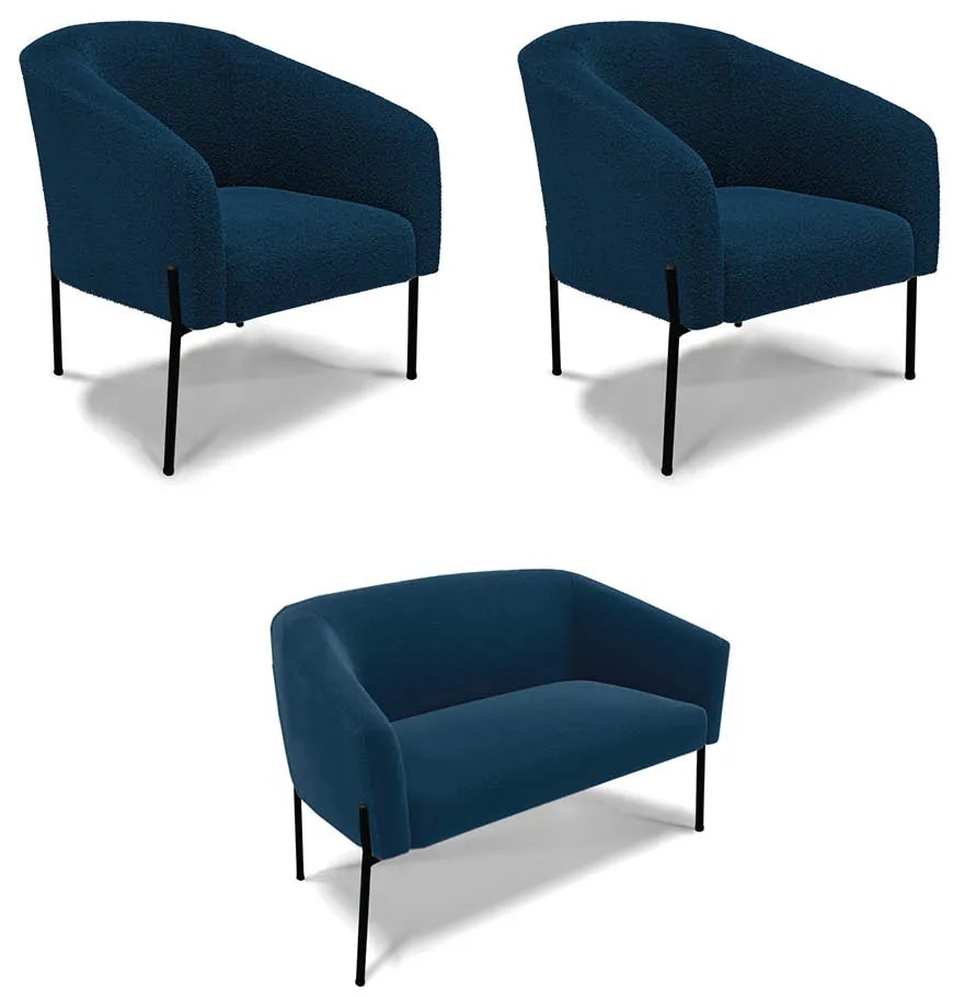 Namoradeira e 2 Poltronas Pé Ferro Preto Stella Bouclê D03 - D'Rossi - Azul