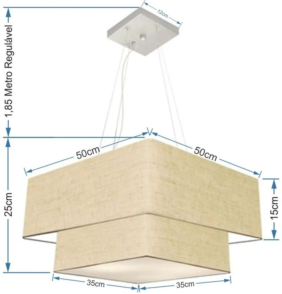 Lustre Pendente Duplo Quadrado Vivare Md-4066 Cúpula em Tecido 50x35cm Rustico Bege - Bivolt