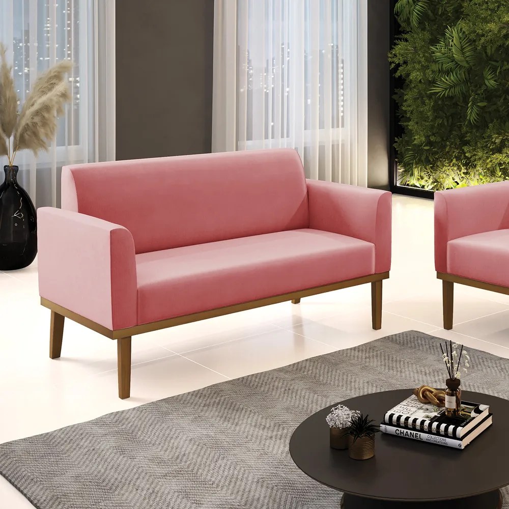 Sofá Namoradeira Base de Madeira Fixa Castanho Marisa Suede D03 - D'Rossi - Rose