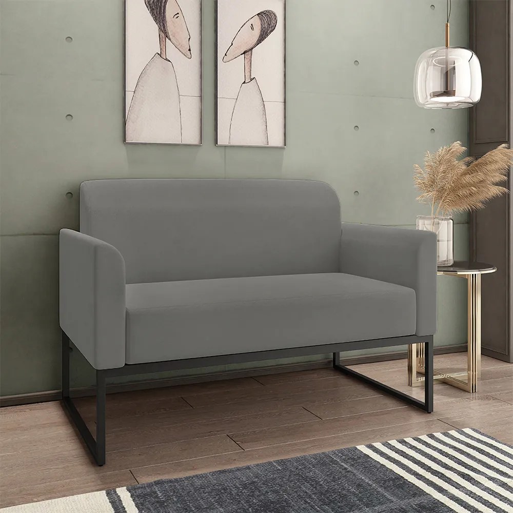 Conjunto Namoradeira e Poltrona Decorativa Isabella Base Industrial Suede Grafite/Preto G19 - Gran Belo