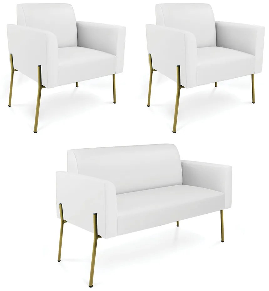 Sofá Namoradeira e 2 Poltronas Pé de Ferro Dourado Marisa Corino - Branco