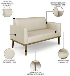 Sofá Namoradeira Base Madeira Castanho Maressa Veludo Luxo Off White -