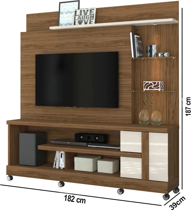 Estante de TV 55 Pol 182cm com Rodízio para Sala Elaris Naturale/Off White M20 - D'Rossi