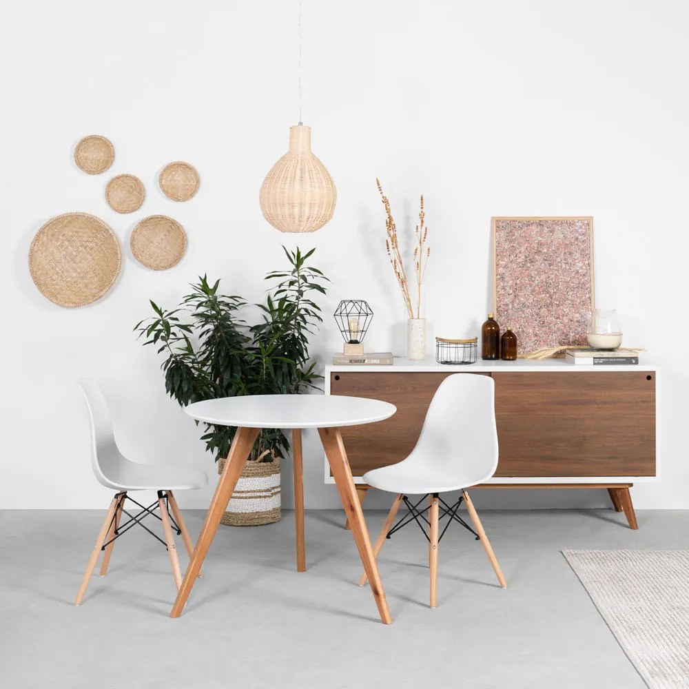 Conjunto Mesa Square Redonda 80cm Pés em Madeira Taeda + 2 Cadeiras Eiffel Branca