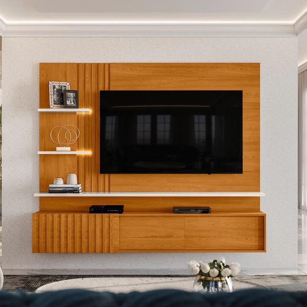 Painel TV 65 Pol 200cm Bancada Suspensa Ripado Mirellin Cinamomo/Off White M20 - D'Rossi
