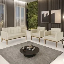 Sofá Namoradeira e 2 Poltronas Base Madeira Castanho Ana Sintético Beg