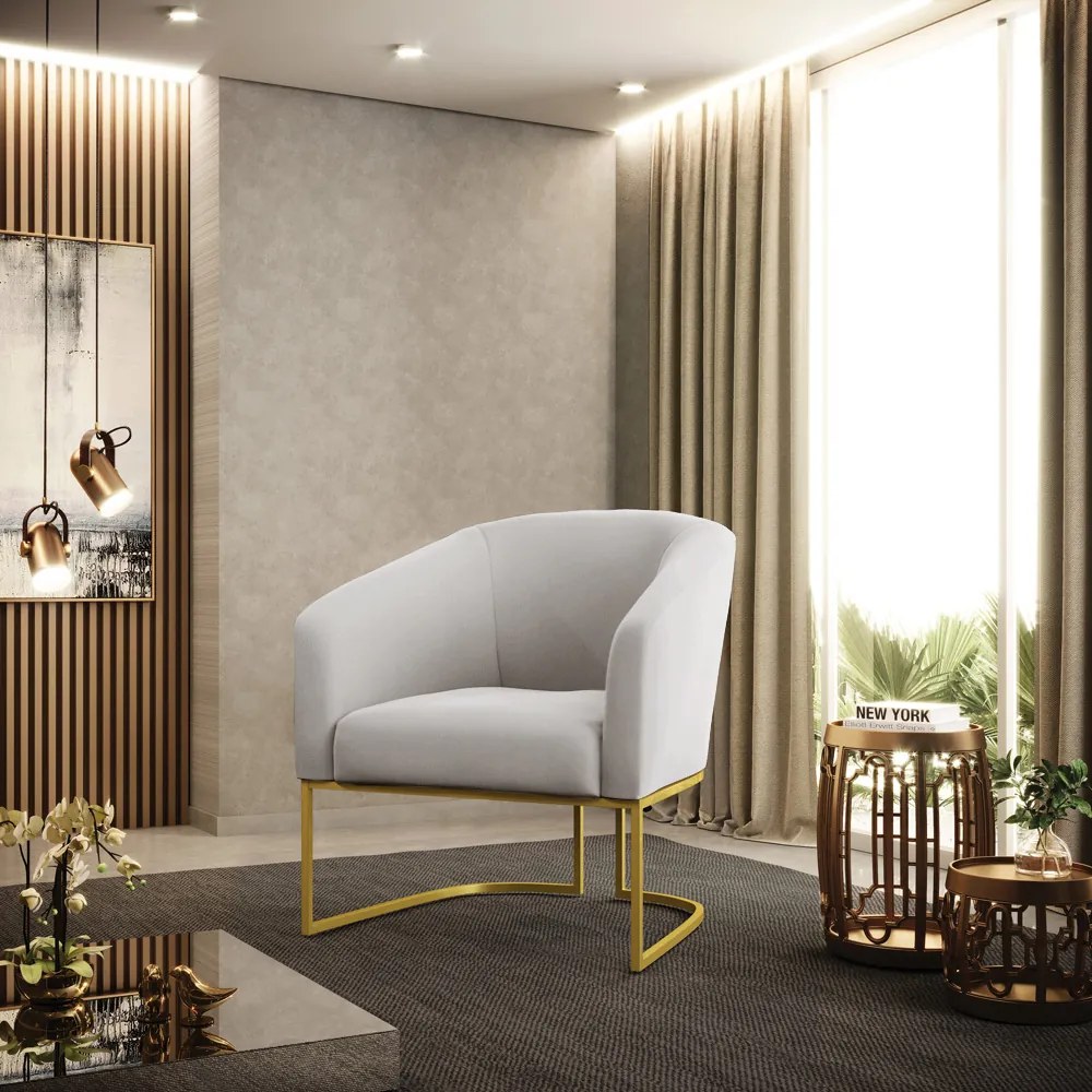 Poltrona Decorativa Base Industrial Dourado Stella Veludo Cinza D03 - D'Rossi