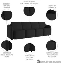 Sofá Cama Casal para Sala 436cm Polska Z08 Veludo Preto - Mpozenato