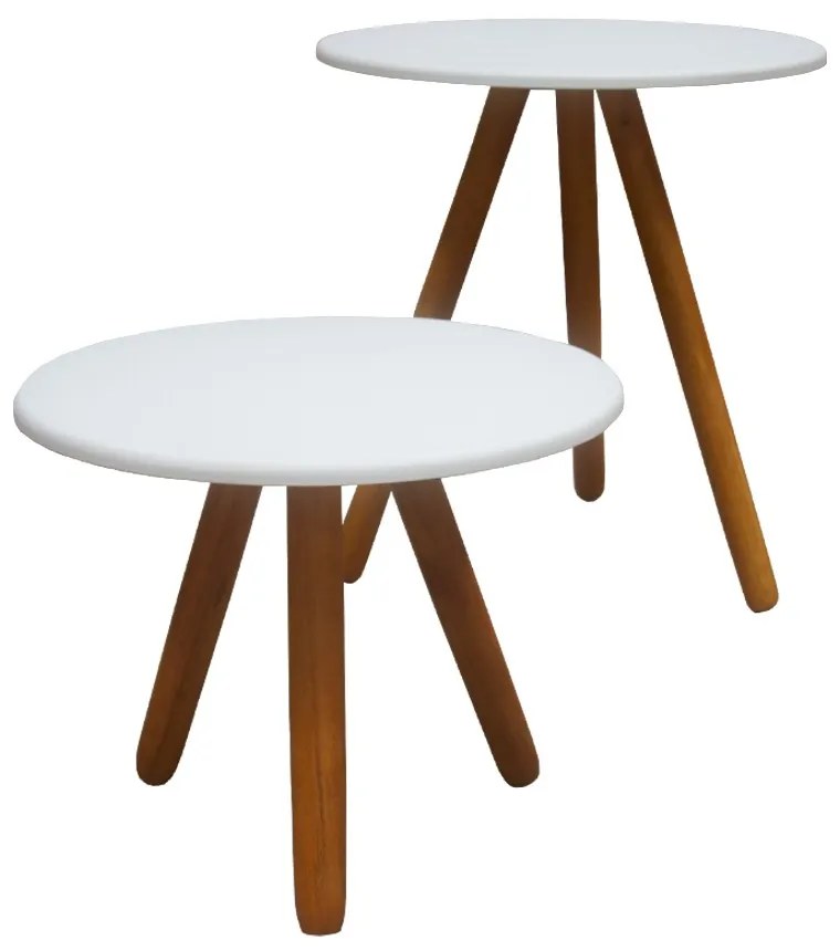Mesa De Centro + Mesa Lateral Redondo Sala Madeira Branco