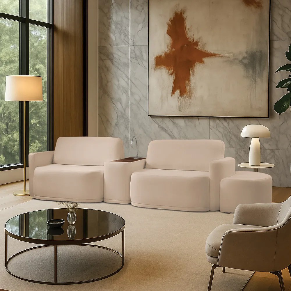 Sofá Sala Modulado 279cm com Puff Console USB Luminária Brumma Bouclê K01 - D'Rossi - Bege