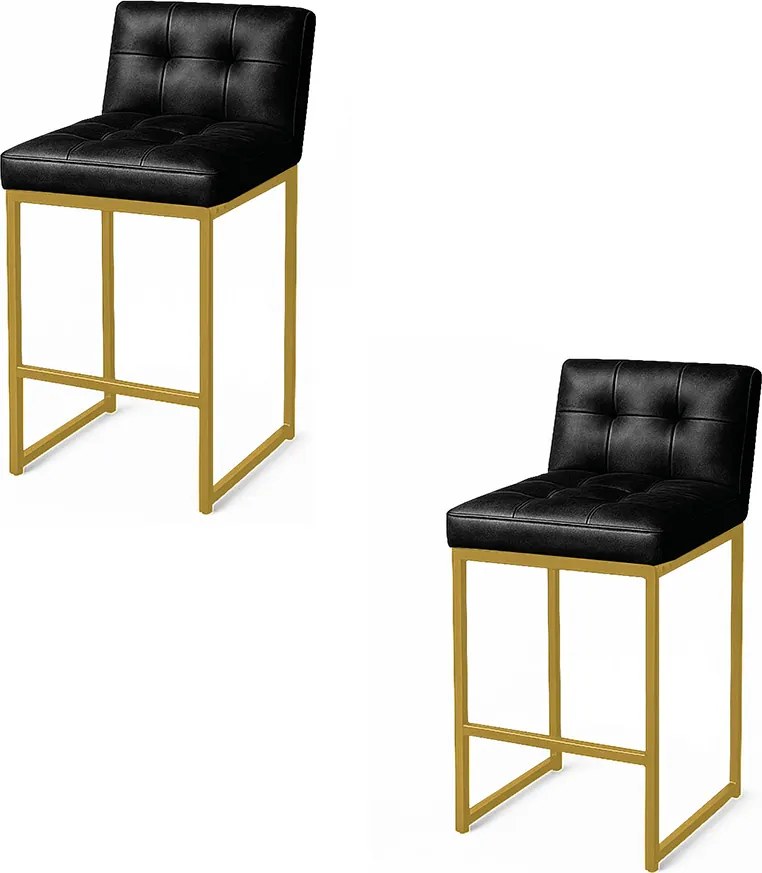 Banqueta Cozinha Alta com Encosto Industrial Kit 2 Dourado Lirina PU Preto C05 - D'Rossi