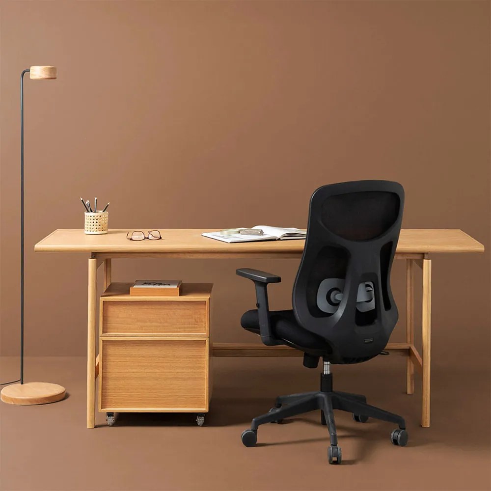 Conjunto Office - Escrivaninha Nori Natural 1,85m + Gaveteiro Nori Natural 45cm + Cadeira de Escritório Kira Preto