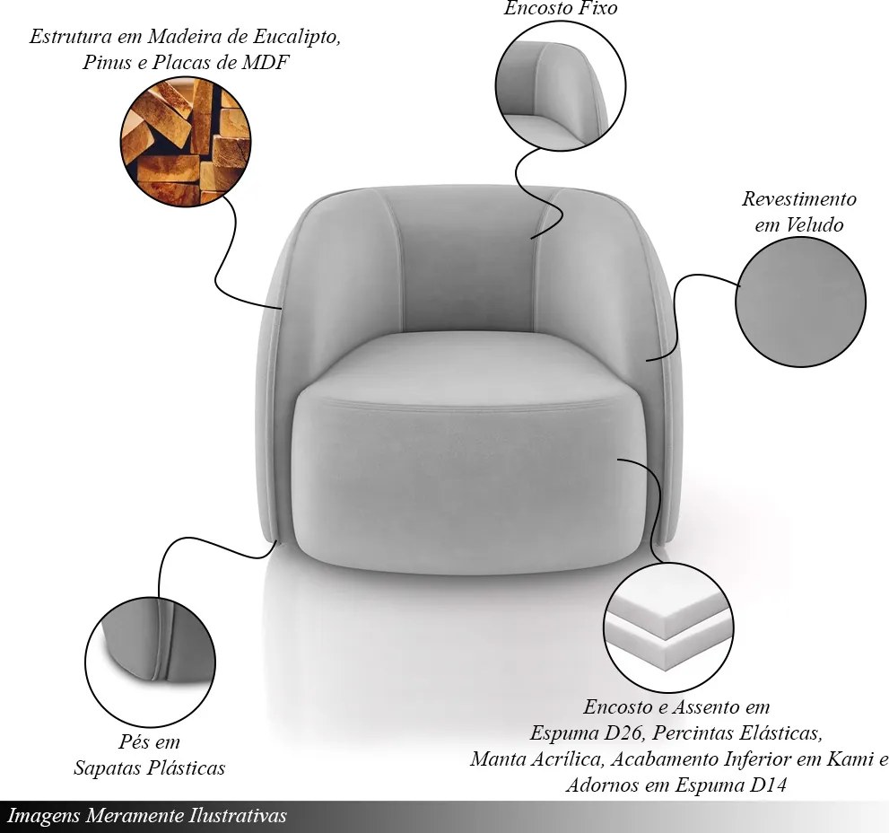 Kit 2 Poltronas Decorativas Sala de Estar Clarke Veludo Cinza G45 - Gran Belo