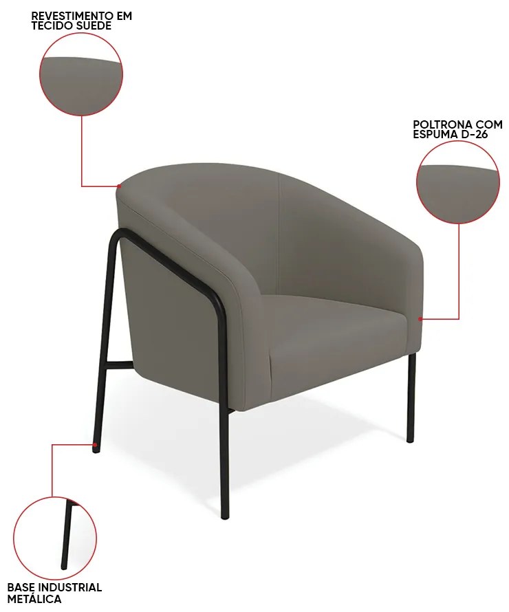 Poltrona Sala Industrial Alta Preto Kit 2 Stella Suede D03 - D'Rossi - Grafite