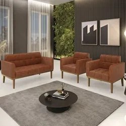Sofá Namoradeira e 2 Poltronas Base Madeira Castanho Ana Sintético PU